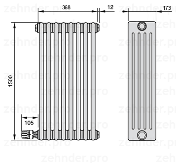 Схема (чертеж) Радиатор Zehnder Charleston 5150/8 №V003 Белый глянцевый RAL 9016